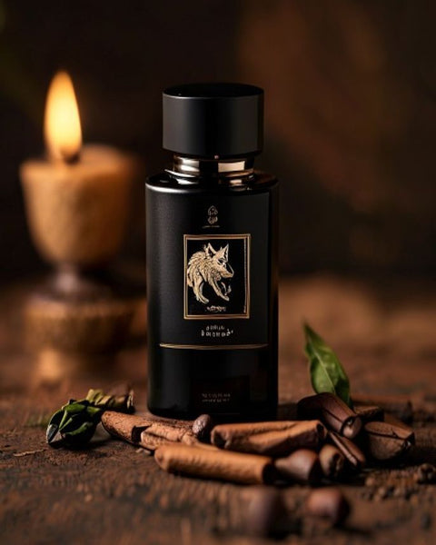 Coffee Date NOIR — black glass 50ml extrait, matte black cap, gunmetal collar, gold wolf emblem